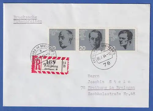 Bund 1964 Zusammendruck aus Block 3 436-437-438 auf R-Drucksache O FREIBURG