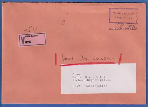 Bund 1994 Wertbrief über 20.000 DM als Gebühr bezaht / Taxe percue 68,50 DM 