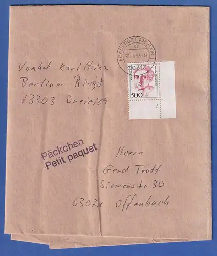 Bund 1994 Frauen 500Pfg Ecke mit Formnummer 3 auf Päckchenadresse, O FRANKFURT