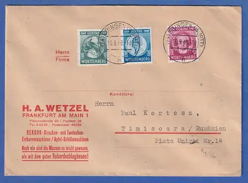 Franz. Zone Württemberg Goethe Mi.-Nr. 44-46 auf Brief nach Rumänien, O EBINGEN