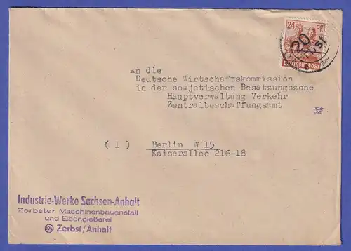 SBZ 1948 Bezirkshandstempel 20 Zerbst 24 Pfg. als EF auf Brief