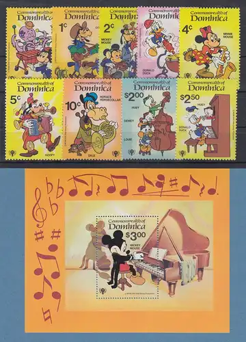 Dominica 1979 Walt Disney Musik Satz 9 Werte und Blockausgabe **