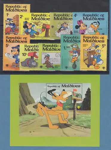 Malediven 1979 Walt Disney Briefe und Post Satz 9 Werte und Blockausgabe **