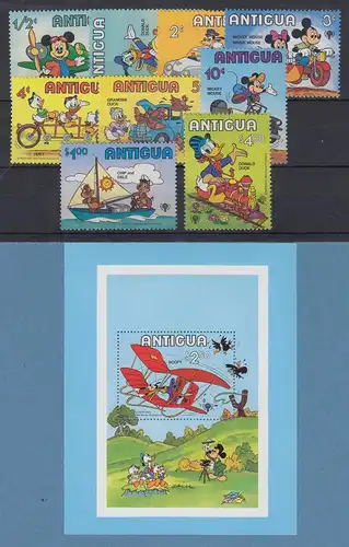 Antigua 1979 Walt Disney Transport Satz 9 Werte und Blockausgabe **