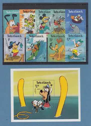 Turcs and Caicos 1979 Walt Disney am Meer Satz 9 Werte und Blockausgabe **