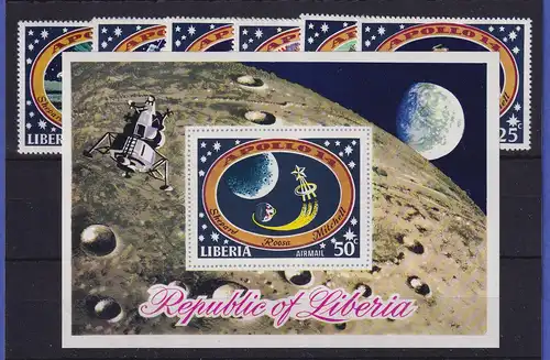 Liberia Raumfahrt Apollo 14  Mi.-Nr. 777-82 und Block 54 ** / MNH