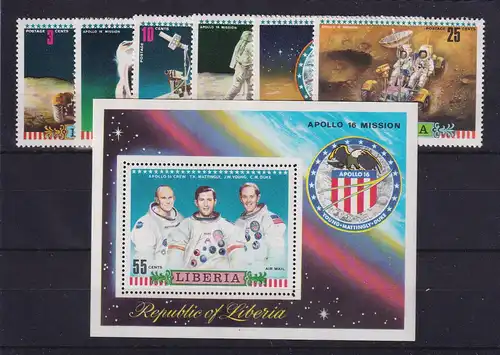 Liberia Raumfahrt Apollo 16  Mi.-Nr. 835-40A und Block 61A ** / MNH