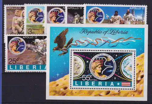 Liberia Raumfahrt Apollo 17  Mi.-Nr. 862-67A und Block 65A ** / MNH