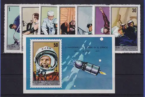 Kuba 1971 Juri Gagarin 10 Jahre bemannte Raumfahrt Mi.-Nr.1681-1687, Block 37 **