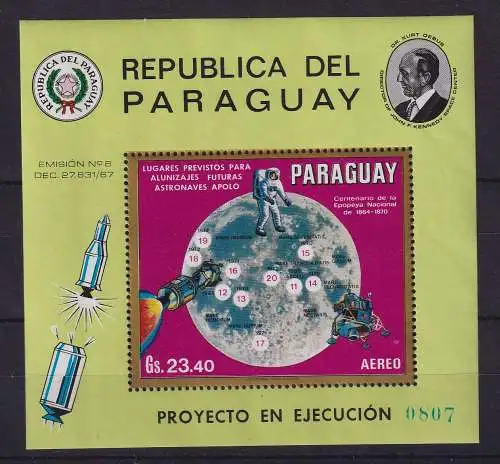 Paraguay 1970 Raumfahrt - Apollo-Mondmissionen, Mondkarte Mi.-Nr. Block 144 **