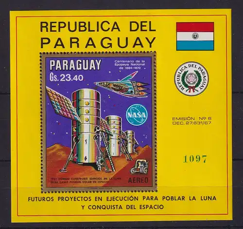 Paraguay 1970 Raumfahrt - Zukünftige Mondprojekte Mi.-Nr. Block 147 **