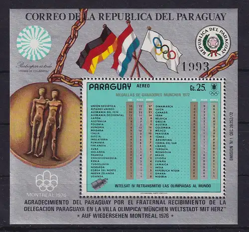 Paraguay 1973 Olympiade München - Medaillenspiegel Mi.-Nr. Block 199 **
