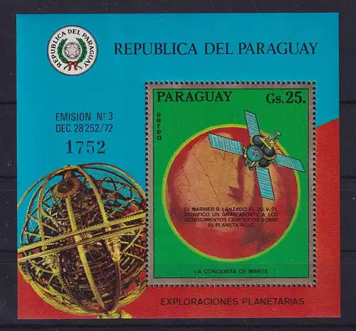 Paraguay 1973 Raumfahrt zum Mars - Mariner 9 Mi.-Nr. Blocks 208 **