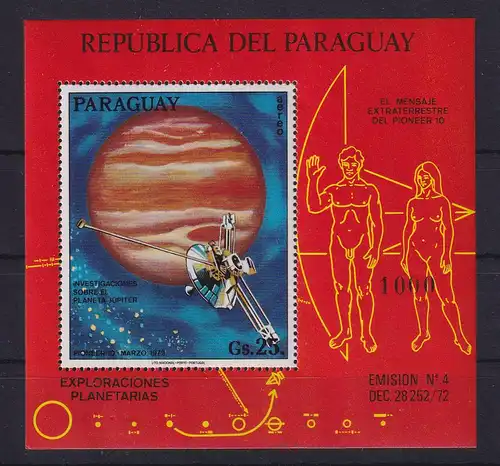 Paraguay 1973 Raumfahrt zum Jupiter - Pioneer 10  Mi.-Nr. Block 211 **