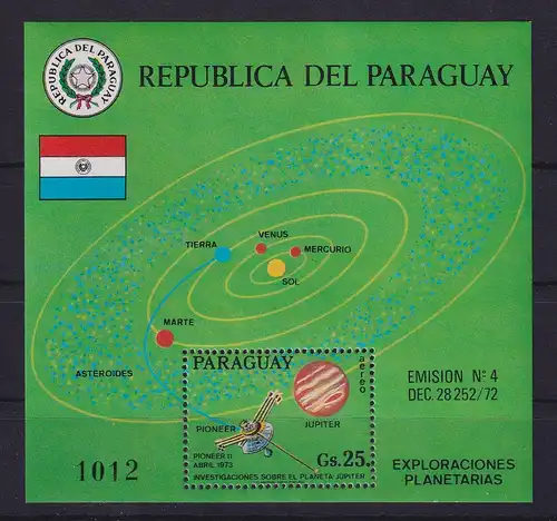 Paraguay 1973 Raumfahrt zum Jupiter - Pioneer 11  Mi.-Nr. Block 212 **
