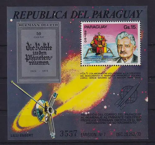 Paraguay 1974 Raumfahrt - Hermann Oberth  Mi.-Nr. Block 224 **