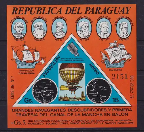 Paraguay 1974 Berühmte Entdecker  Mi.-Nr. Block 227 **