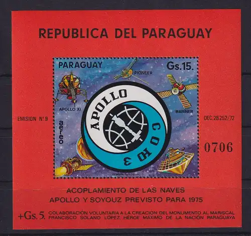 Paraguay 1974 Raumfahrt - Sojus-Apollo  Mi.-Nr. Block 236 **