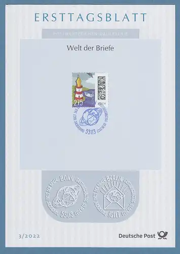 Bundesrepublik Ersttagsblatt ETB 3 / 2022 Welt der Briefe 275 C Leuchtturm