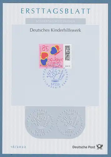 Bundesrepublik Ersttagsblatt ETB 16 / 2022 Deutsches Kinderhilfswerk