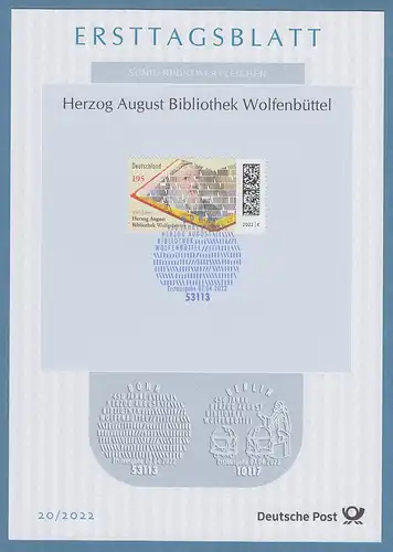 Bundesrepublik Ersttagsblatt ETB 20 / 2022 Bibliothek Wolfenbüttel