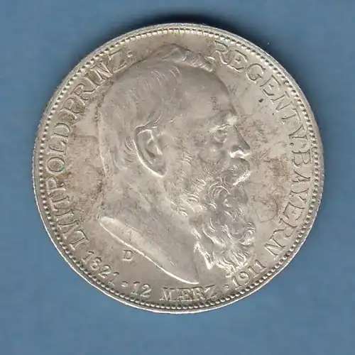 Bayern Silbermünze 2 Mark Prinzregent Luitpold 1911 D vz