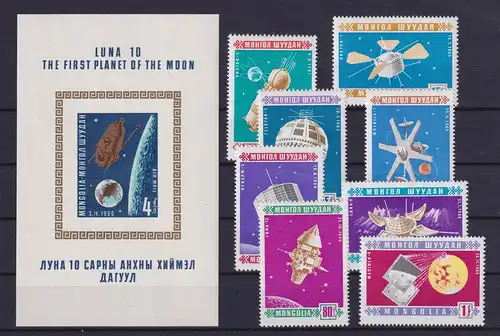 Mongolei 1966 Weltraum Raumfahrtprojekte Mi.-Nr. 452-459, Block 12 ** / MNH