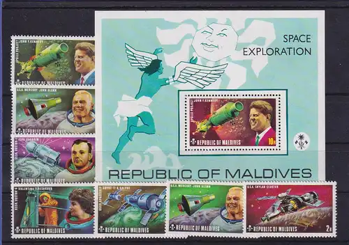 Malediven 1973 Weltraum Raumfahrt  Mi.-Nr. 471-477 A, Block 20 A ** / MNH