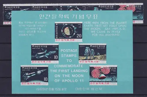 Südkorea 1969 Weltraum Mondlandung Apollo 11 Mi.-Nr. 664-668, Block 285 ** / MNH