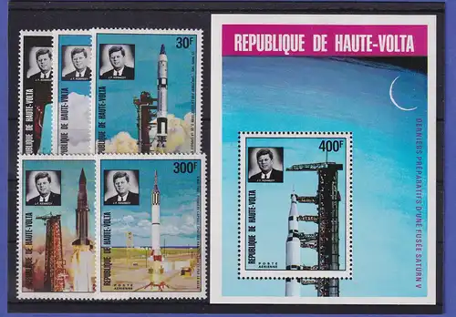 Burkina Faso Obervolta 1973 Raketenstarts Mi.-Nr. 461-465, Block 16 ** / MNH
