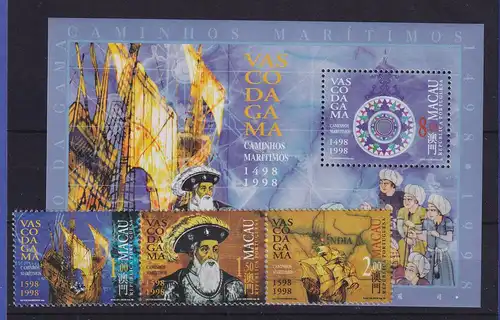 Macau 1998 Vasco da Gama Mi.-Nr. 965-967 II und Block 54 II ** / MNH