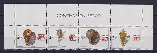 Macau 1991 Meeresschnecken Mi.-Nr. 672-675 Oberrandviererstreifen ** / MNH