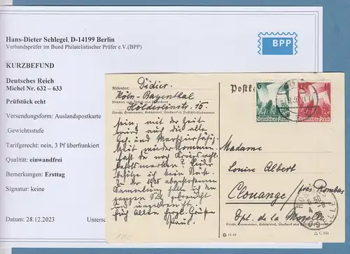 Dt. Reich Parteitag 1936  Mi.-Nr. 632-33 auf FDC mit O KÖLN 3.9.36 nach Frankr.