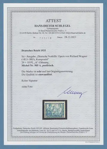 Dt. Reich 1933, Wagner 20 Pfg A-Zähnung  Mi.-Nr. 505A ** mit Attest Schlegel
