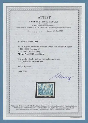 Dt. Reich 1933, Wagner 20 Pfg B-Zähnung  Mi.-Nr. 505B ** mit Attest Schlegel
