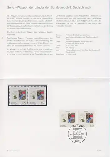 Bundesrepublik 1992 Bayern Wappen Mi.-Nr. 1587 ** / O in offiz. MINISTERKARTE 