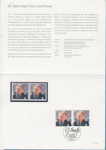 Bundesrepublik 1995 F.J. Strauß Mi.-Nr. 1818 ** / O in offiz. MINISTERKARTE 