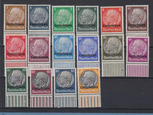 Deutsche Besetzung 2. WK Lothringen Hindenburg Mi.-Nr. 1-16 Unterrand-Satz **