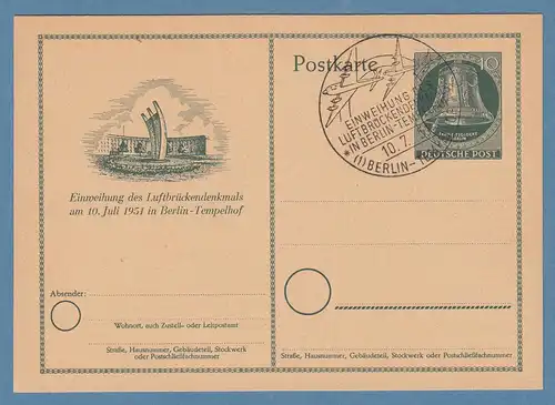 Berlin 1951 Ganzsache Luftbrückendenkmal 10Pfg Mi.-Nr. P 24 mit Sonder-O BERLIN 