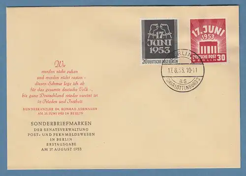 Berlin Sondermarken 17.Juni  Mi.-Nr. 110-111 auf offiz. FDC mit Tages-O 17.8.53