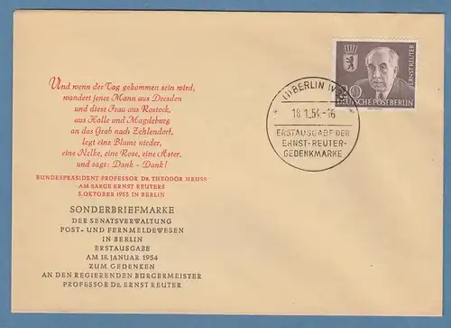 Berlin 1954 Bürgermeister Dr. Ernst Reuter Mi.-Nr. 115 auf amtlichem FDC