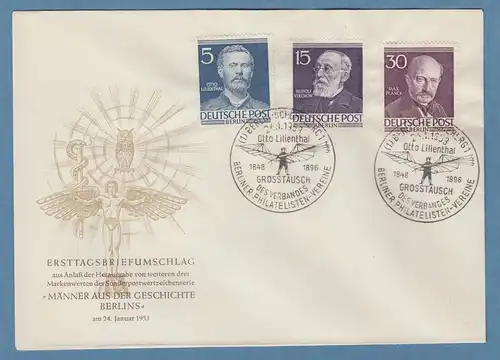 Berlin Männer 5, 15, 30 Pfg Mi.-Nr.92, 96, 99  auf offiz. FDC mit So.-O 24.1.53