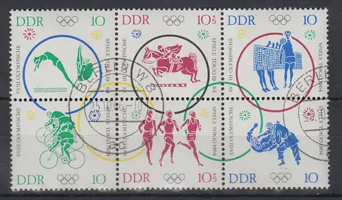 DDR 1964 Olympiade Tokyo Mi.-Nr. 1039-44 6er-Block O  BERLIN W8 