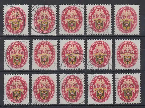Dt. Reich 1929 Nothilfe 15 Pfg Wappen Lübeck Mi-Nr 432 Lot 15 Stück gestempelt