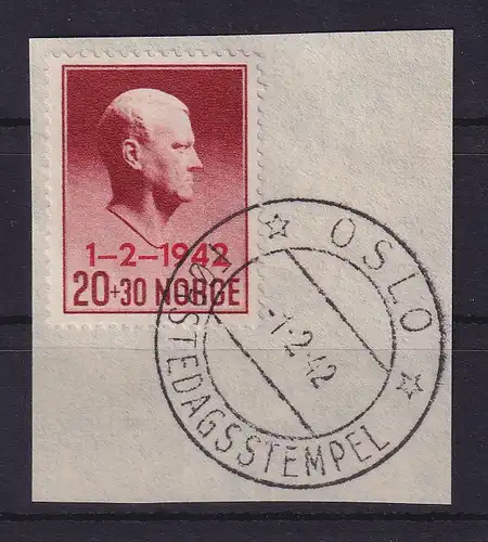 Norwegen 1942 Vidkun Quisling Mi.-Nr. 266 mit Ersttags-O auf Briefstück