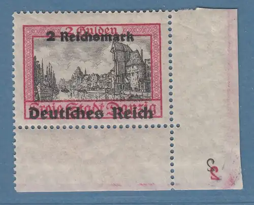 Dt. Reich 1939 Danzig 2RM Mi.-Nr.729 Eckrandstück UR mit doppelter Pl-Nr. *