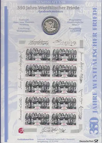 Bundesrepublik Numisblatt 1/1998 Westfälischer Friede mit 10-DM-Silbermünze