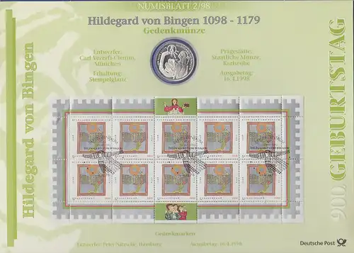 Bundesrepublik Numisblatt 2/1998 Hildegard von Bingen mit 10-DM-Silbermünze