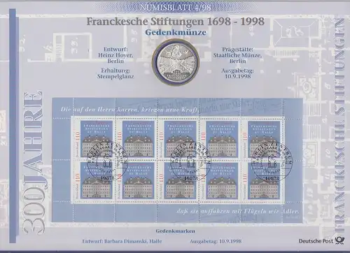 Bundesrepublik Numisblatt 4/1998 Francksche Stiftungen mit 10-DM-Silbermünze