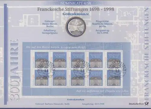 Bundesrepublik Numisblatt 4/1998 Francksche Stiftungen mit 10-DM-Silbermünze